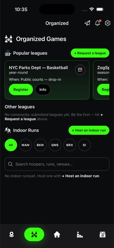NextPark Organized Games tab showing NYC leagues and indoor runs